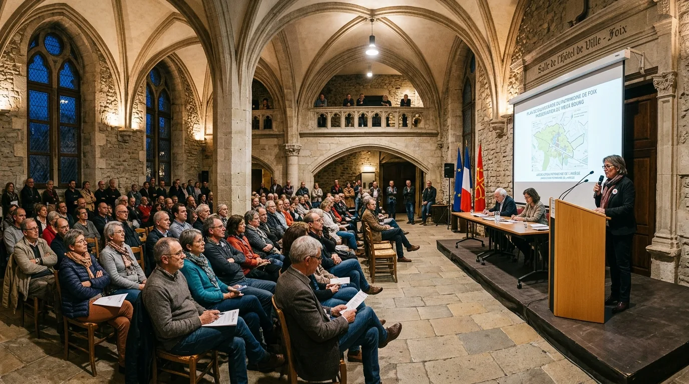 Citizens and association leadership engaged in a public civic dialogue during a heritage assembly in Foix