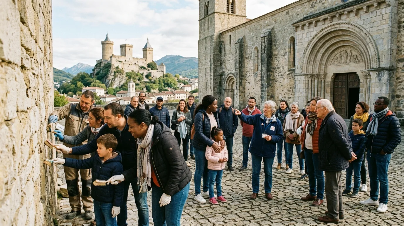 Local community members and families attending a guided archaeological discovery session at Montgauzy