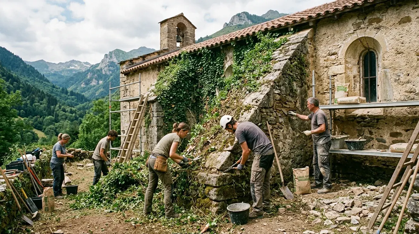 Civic volunteer working group clearing historical perimeter and documenting stone fragments