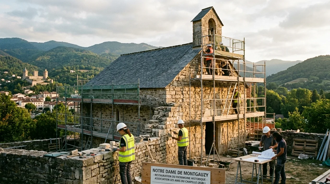 Historic Romanesque stone facade and slate roof of Notre Dame de Montgauzy in Foix Ariège
