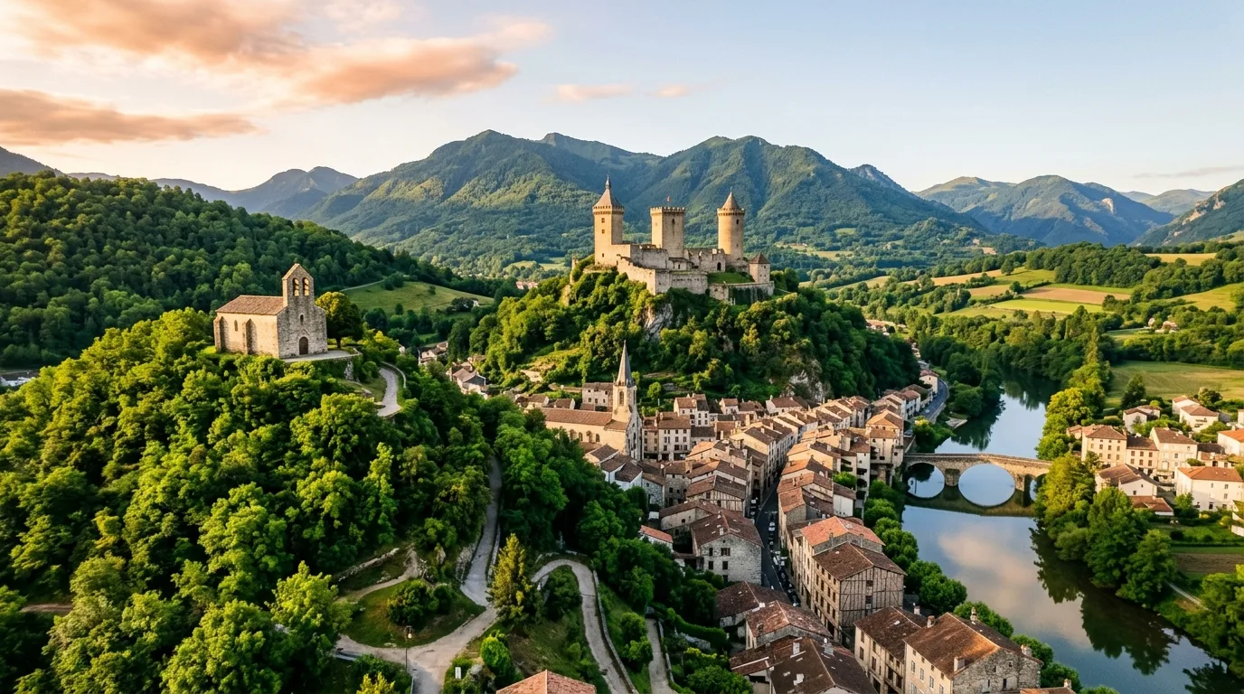 Panoramic view of the historic Montgauzy promontory overlooking the town of Foix and Pyrenean valley