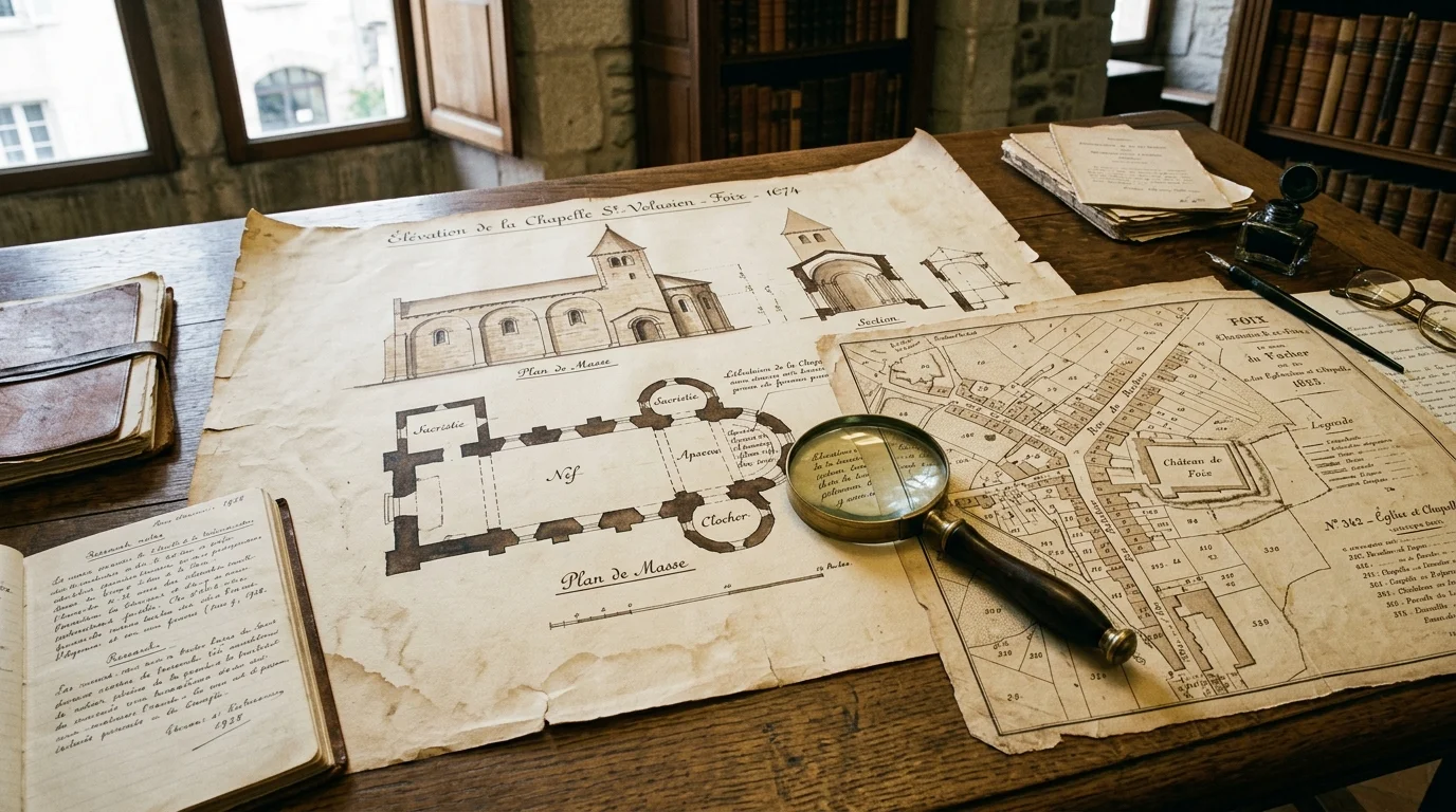 Antique historical cadastral map and architectural survey of the Montgauzy hillside in Foix