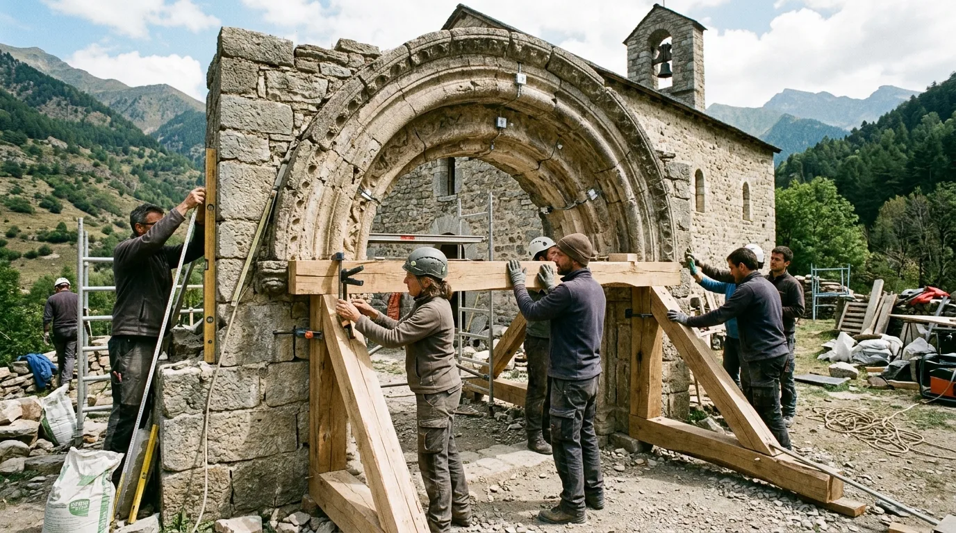 Specialized stonemasons and volunteers stabilizing Romanesque arch at Montgauzy chapel