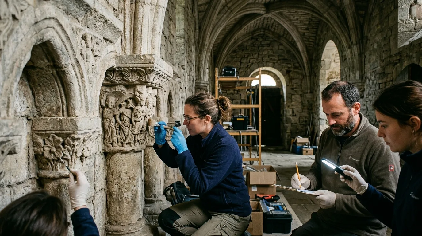 Heritage conservator examining authentic Romanesque masonry and sculpted capitals in Notre Dame de Montgauzy