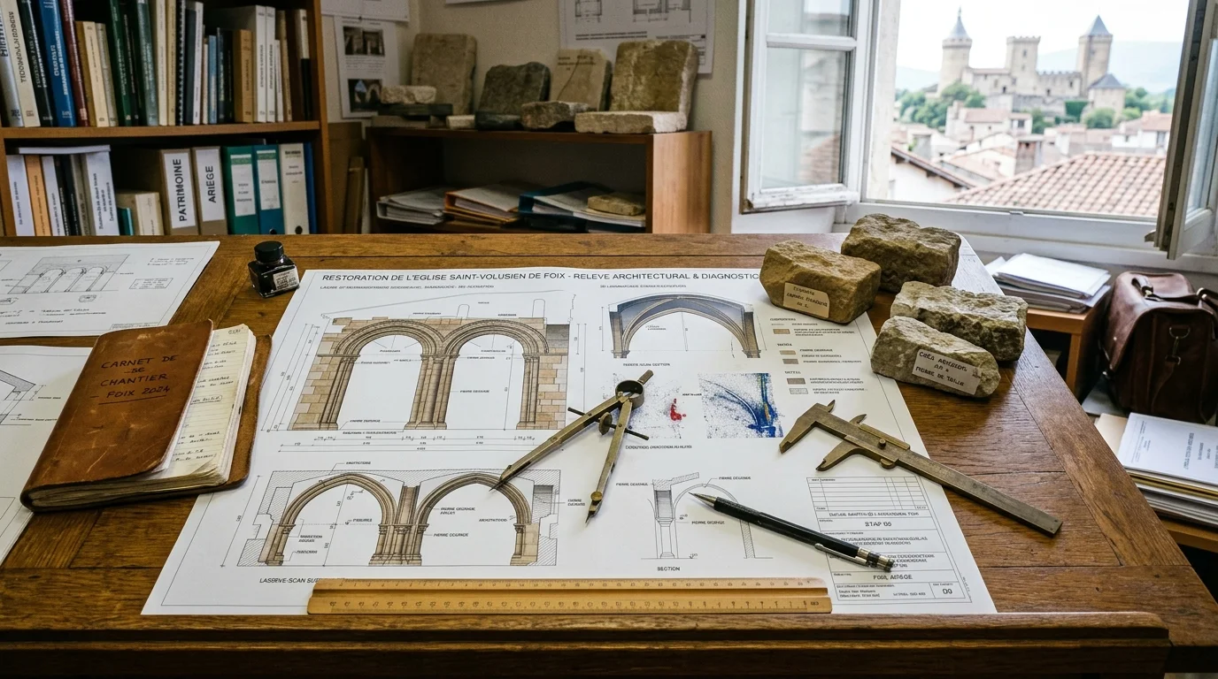 Detailed architectural blueprints and laser-scan elevation plans of Notre Dame de Montgauzy