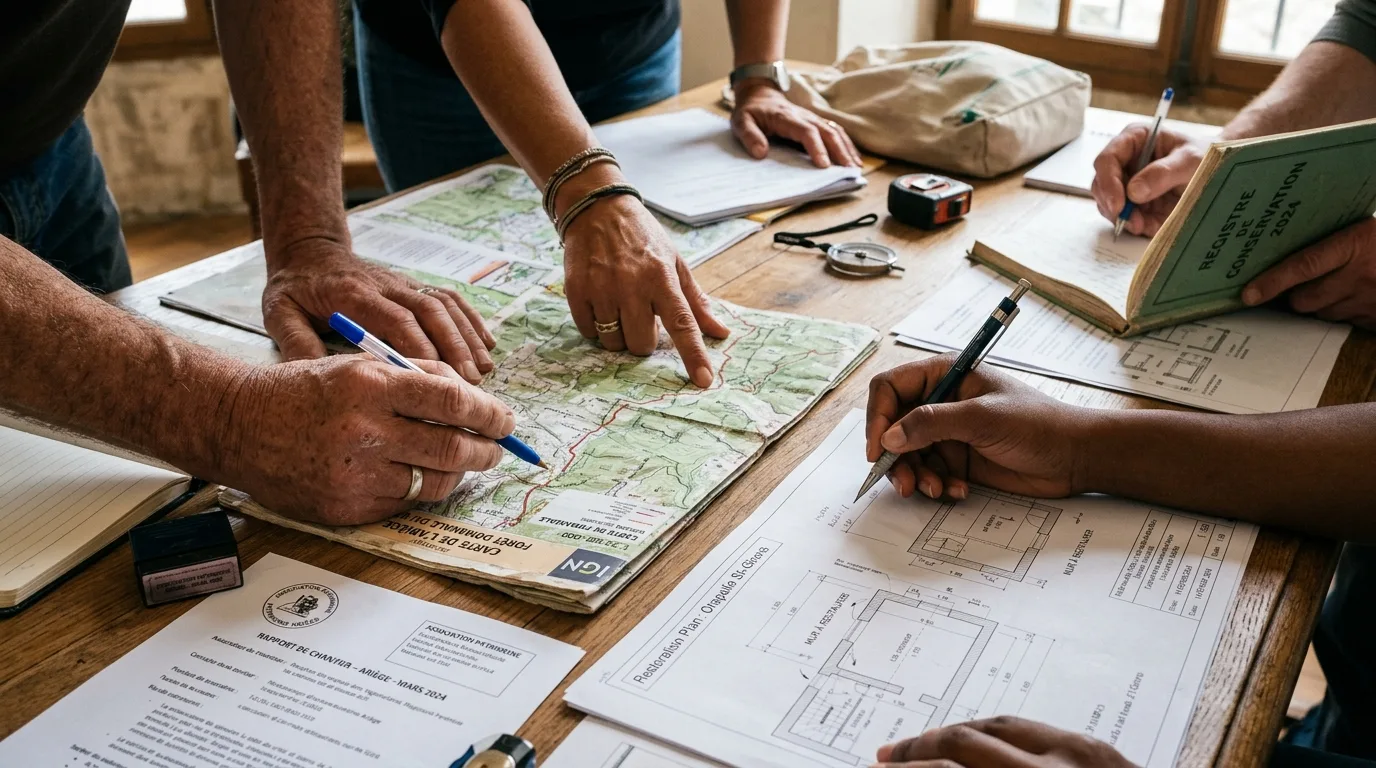 Researchers and volunteers collaborating over historical maps and architectural documentation of Montgauzy