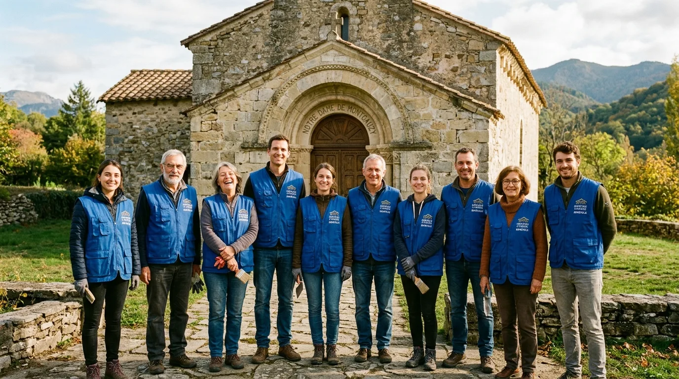 Warm group portrait of key dedicated volunteers and conservation team at Notre Dame de Montgauzy in Foix