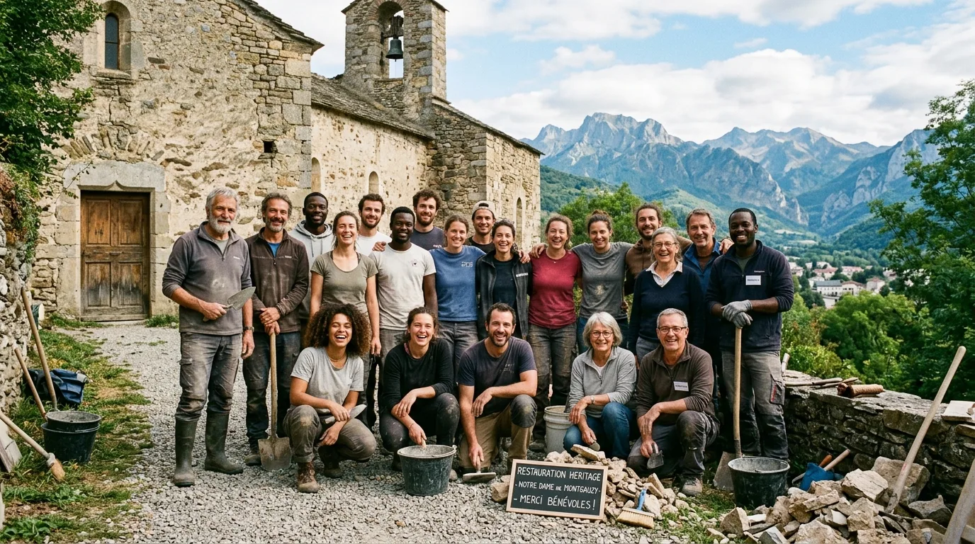 Diverse group of community volunteers smiling proudly after completing a heritage restoration workday in Foix